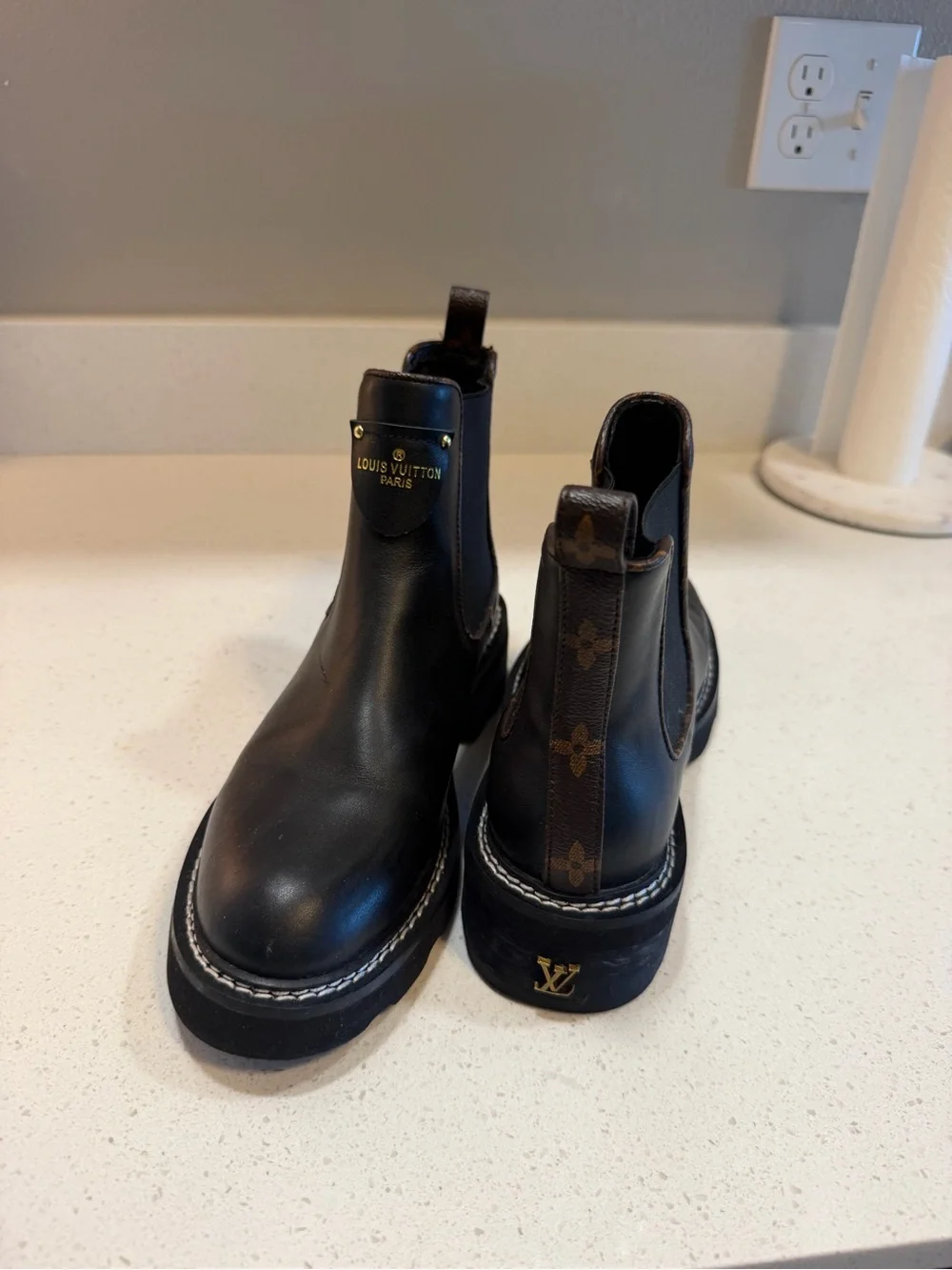 Louis Vuitton Black Leather Chelsea Boots with Gold Logo Placket